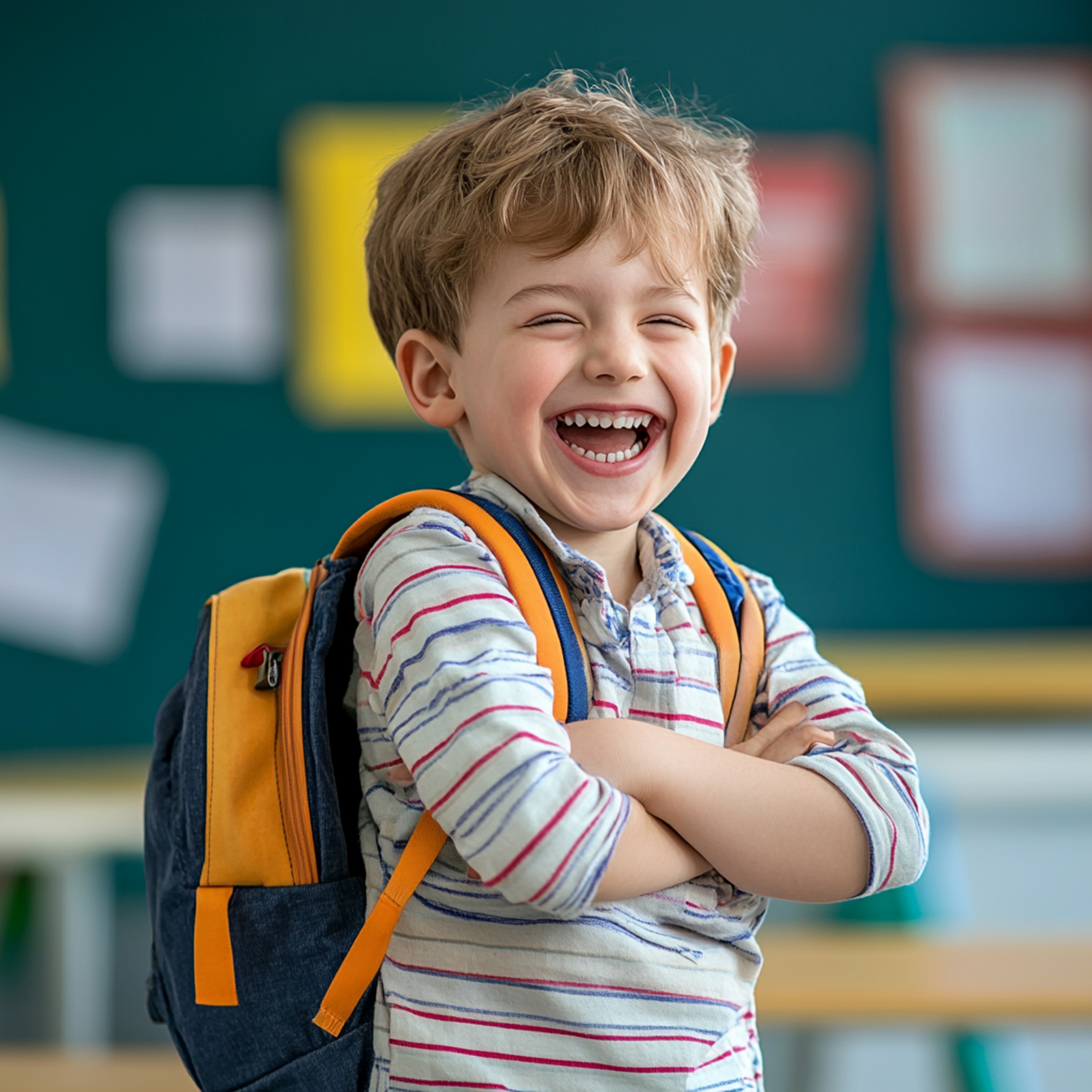 A happy child with a backpack, smiling