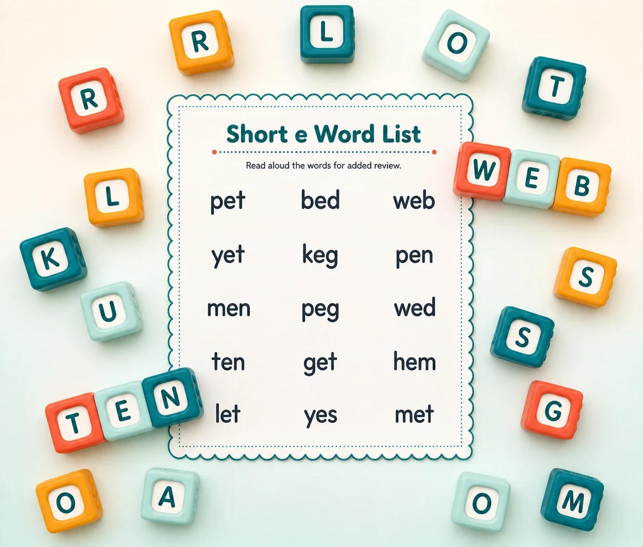 Orton-Gillingham principles: colorful letter blocks around a short e word list